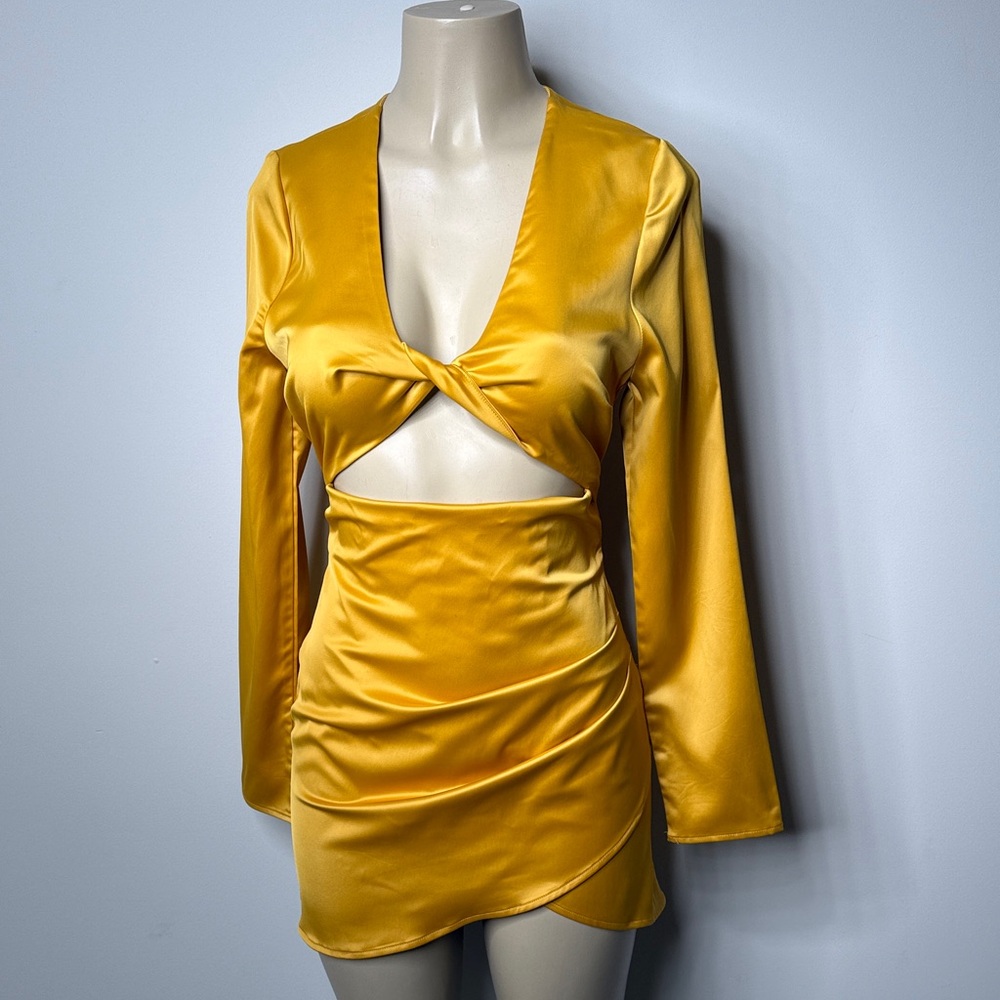 Tobi Mustard Yellow Satin Mini Dress with Cutout